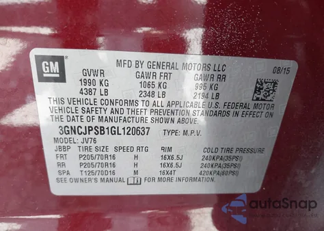 2016 Chevrolet Trax Lt from USA, damaged, VIN 3GNCJPSB1GL120637